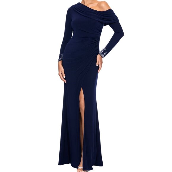 Betsy & Adam Navy Off-Shoulder Beaded Cuff Gown NWT Size 8 – Formal Dress - Picture 4 of 5